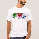 T-shirt Professeur de chimie Peace Love<br><div class="desc">Si vous êtes un scientifique ou que vous avez besoin d'un cadeau geek pour le professeur nerd ou scientifique de votre vie,  ce mignon t-shirt Peace Love Chemistry présente un signe de paix,  un coeur et des produits chimiques dans un bécher.</div>