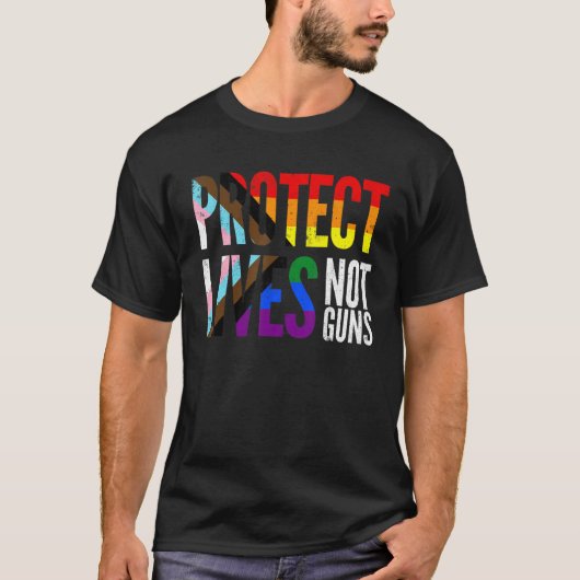T-shirt Protect lives not guns, rainbow Progress Pride Fla (Devant)