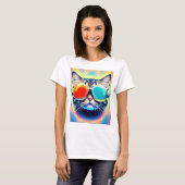 T-shirt Psychédélique folle Psychédélique Kitty Chat Blanc (Devant entier)