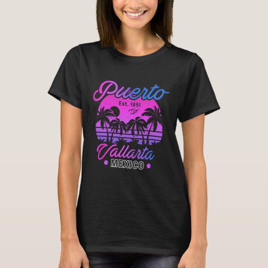 T-shirt Puerto Vallarta Retro Sunset 80s Palm Trees (Devant)