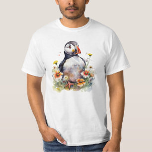 T-shirt Puffin aquarelle dans un champ de fleurs coloré
