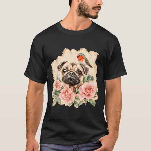 T-shirt Pug bird cute dog funny pug (Devant)