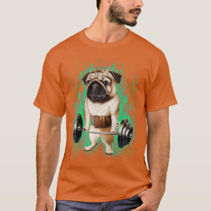 T-shirt Pug Dog Muscle raining with Barbell Shrug Bar in C