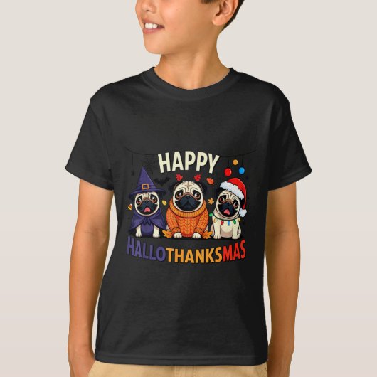 T-shirt Pug Halloween Thanksgiving Christmas Happy Halloth (Devant)