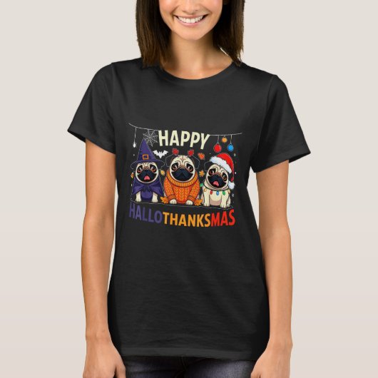 T-shirt Pug Halloween Thanksgiving Christmas Happy Halloth (Devant)