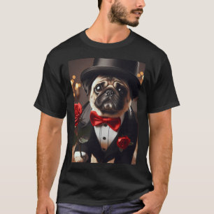 T-shirt Pug triste en costume de smoking avec rose rouge
