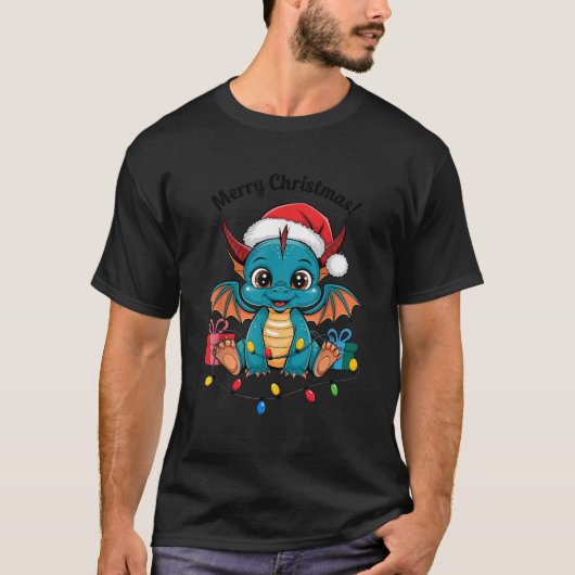 T-shirt Pull de Noël Dragon Lumières de fée de dragon mign (Devant)