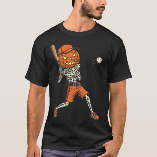 T-shirt Pumpkin Skeleton Batting Baseball Funny Halloween  (Devant)