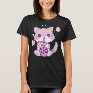 T-shirt Purple Kawaii Chat Boire Boba Tea