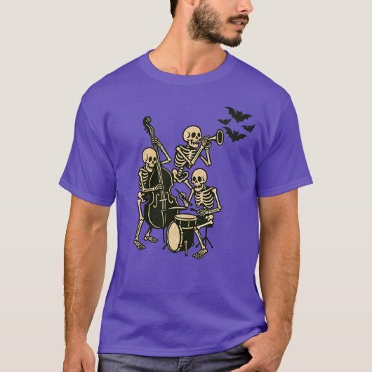 T-shirt Purple Retro Skeleton Band Halloween (Devant)