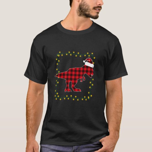 T-shirt Pyjamas rouge Plaid Dinosaur T Rex feux de Noël (Devant)