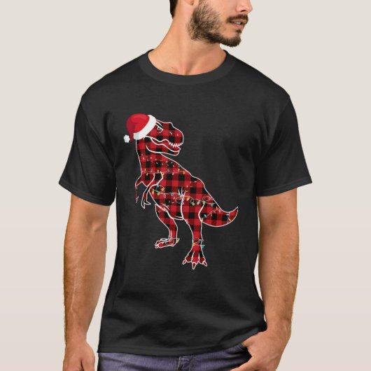 T-shirt Pyjamas rouge Plaid Dinosaur T Rex feux de Noël (Devant)