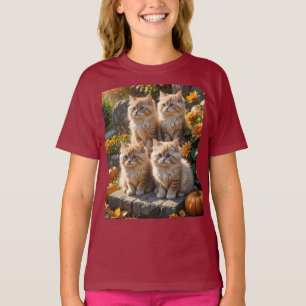 T-shirt Quatre chatons d'automne en feuillu avec Citrouill