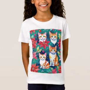T-Shirt Quatre Chats Tabby De Noël Avec Poinsettias