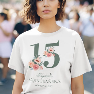T-shirt Quinceanera 15e anniversaire fête rose florale