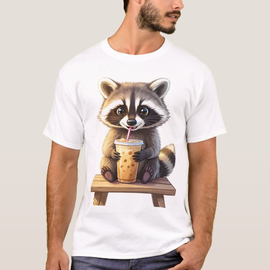 T-shirt Raccoon Drinking Iced Coffee (Devant)