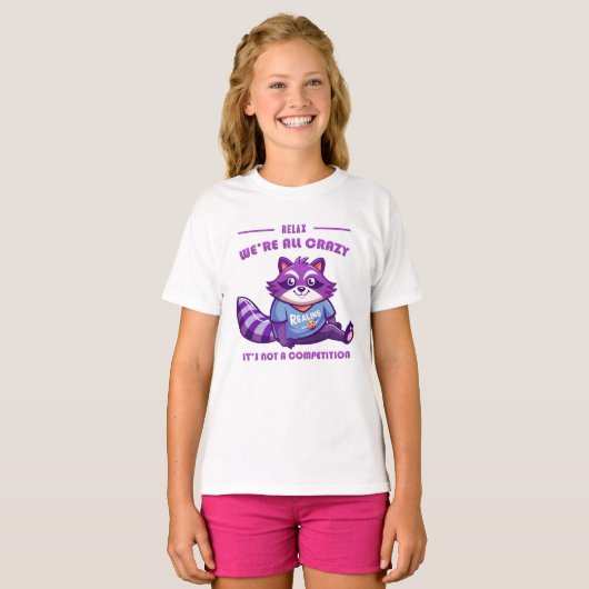 T-shirt Raccoon violet convivial avec texte relaxant (Devant entier)