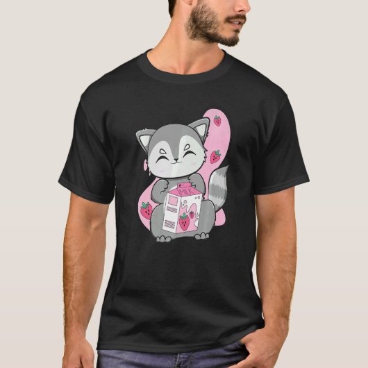 T-shirt Racoon Boit Du Thé De Bulle Et Boba À La Fraise (Devant)
