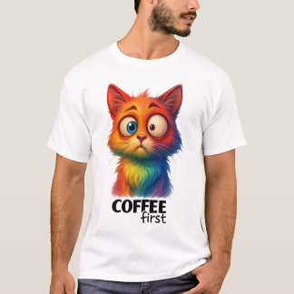 T-shirt Rainbow Cat Coffee First Funny Art