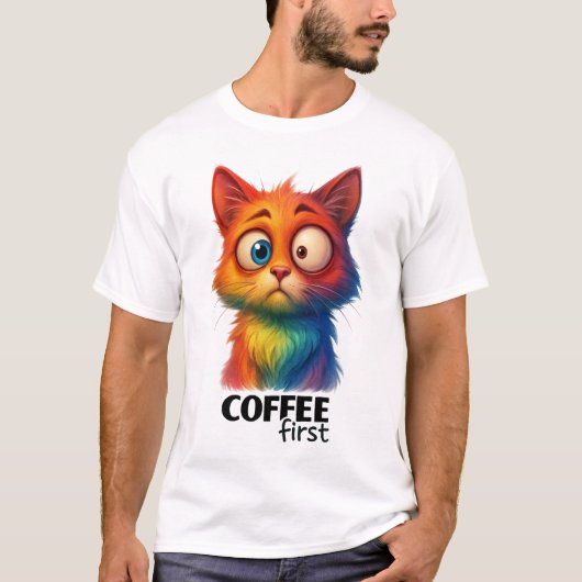 T-shirt Rainbow Cat Coffee First Funny Art (Devant)