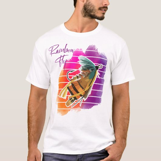 T-shirt Rainbow Fly Fishing Lure Retro Sunset (Devant)