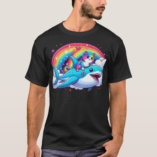 T-shirt Rainbow Galaxy Cat Riding Shark in Space funny Cat (Devant)