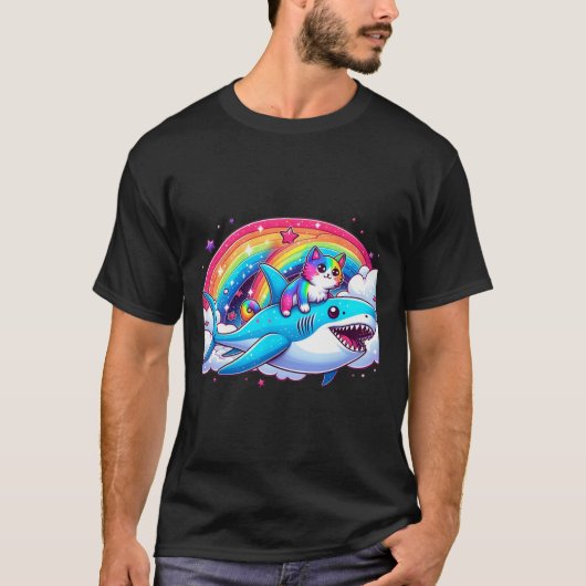 T-shirt Rainbow Galaxy Chat équitation Requin dans l'espac (Devant)