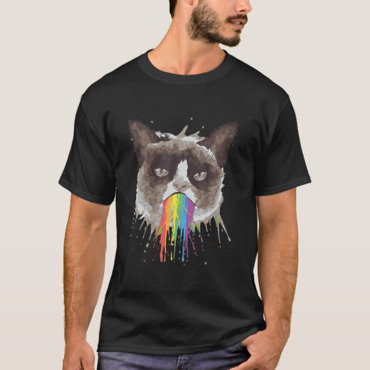 T-shirt Rainbow Puke Vomit Barf, Grouchy Cat Puking Rainb (Devant)