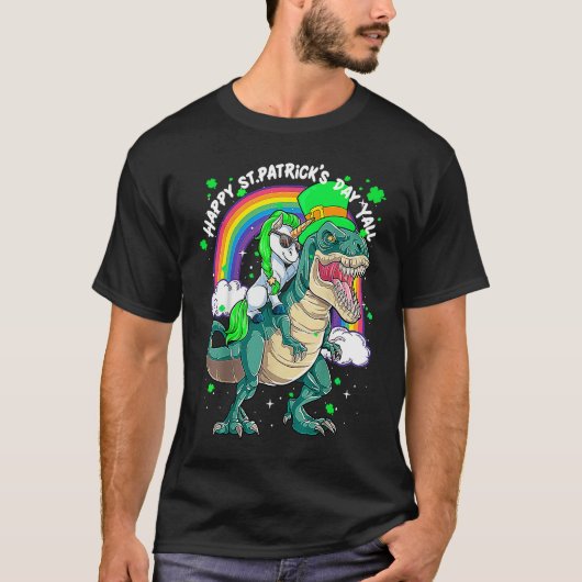 T-shirt Rainbow Unicorn Riding rex Dinosaur happy St patri (Devant)