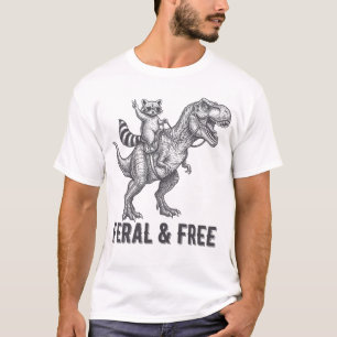 T-shirt Raton laveur sauvage et libre montant un T-Rex drô