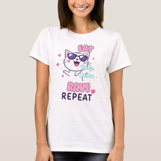 T-Shirt Rave Chat Kawaii - Mangez Sleep Meow Rave  (Devant)