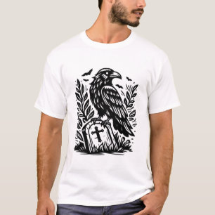 T-shirt Raven and Tombstone Gothic Graveyard Line Art