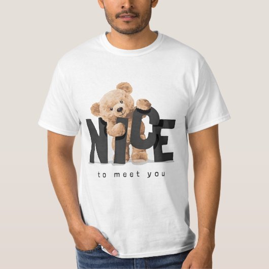 T-shirt Ravi de vous rencontrer slogan avec poupée d'ours (Devant)