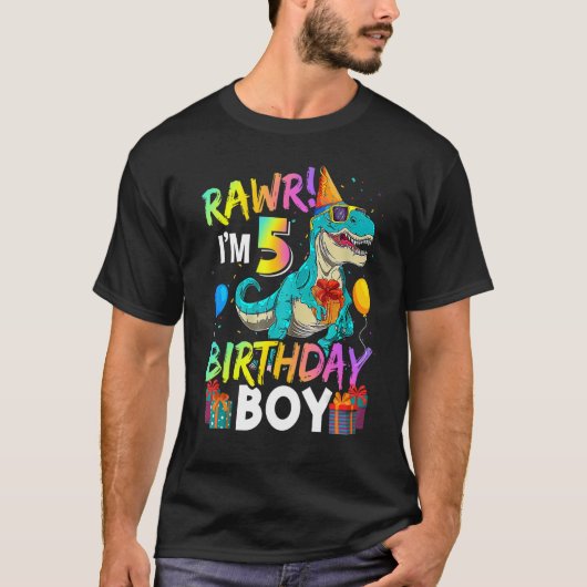 T-shirt Raw I'm 5 Birthday Boy Funny Dinosaur Air Balloon (Devant)