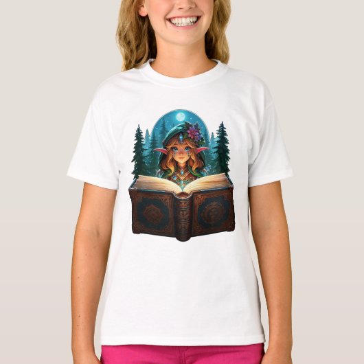T-shirt "Reading Grimoire Enchanted Forest Elf" (Devant)