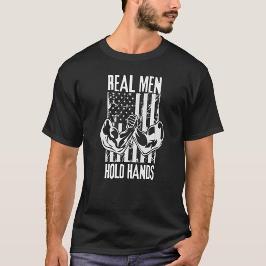 T-shirt Real Men Hold Hands Usa Flag Armwrestler Funny Arm (Devant)
