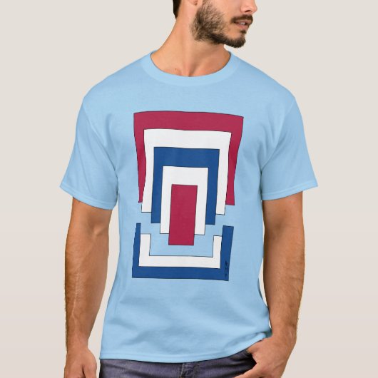 T-shirt Rectangle Abstrait en Rouge, Blanc et Bleu (Devant)