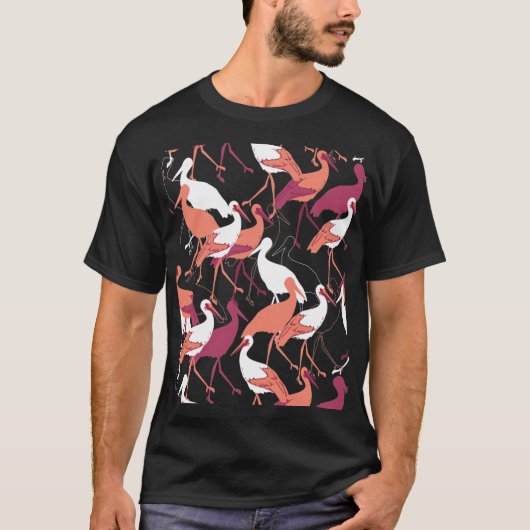 T-shirt Red and White Stork Birds on Black Background (Devant)