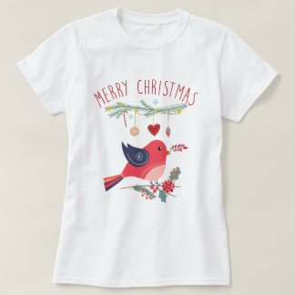 T-shirt Red Bird & Wreath Scandinave Christmas Folk Art