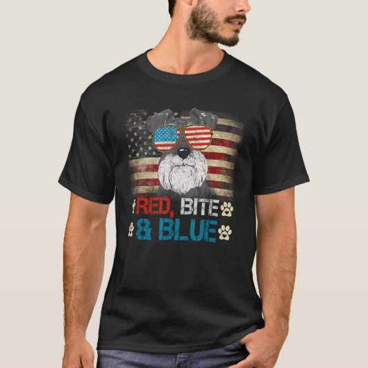 T-shirt Red Bite Blue Schnauzer Chien American Usa Drapeau (Devant)