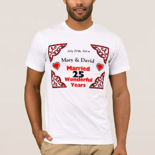 T-shirt Red Black Hearts Noms et Date 25 Anniversaire