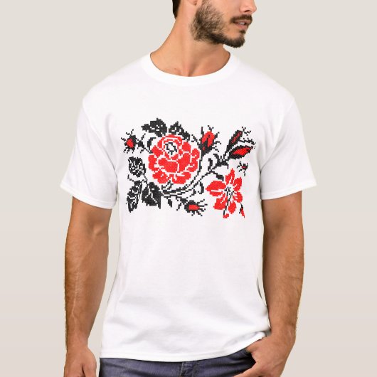 T-shirt Red & Black Rose cross-stitch Russian Pattern (Devant)
