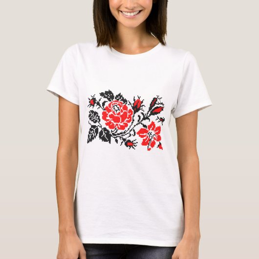 T-shirt Red & Black Rose cross-stitch Russian Pattern (Devant)
