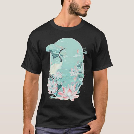 T-shirt Red Crowned Crane Bird Water Lily Lotus Flower Chi (Devant)
