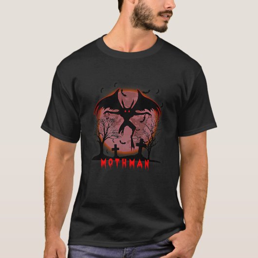 T-shirt Red Moon With Bats Graveyard Mothman Folklore (Devant)