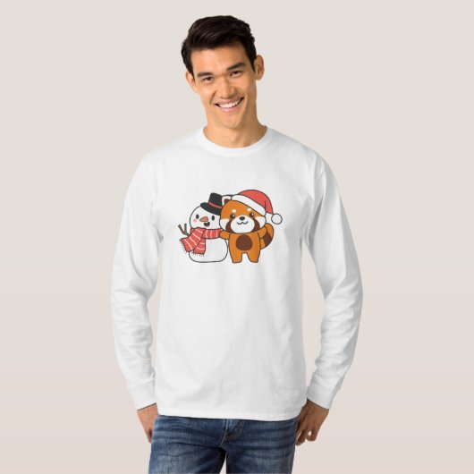 T-shirt Red Panda With Snowman In Winter For Christmas (Devant entier)