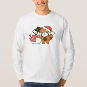 T-shirt Red Panda With Snowman In Winter For Christmas
