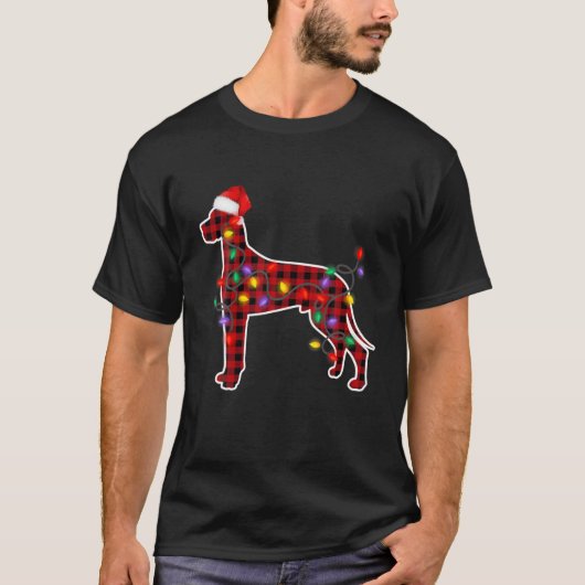 T-shirt Red Plaid Great Dane Chien Santa Hat Noël Lumière (Devant)