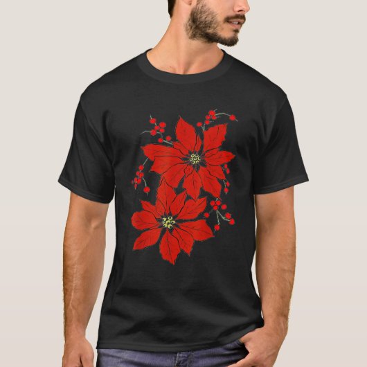 T-shirt Red Poinsettia Happy Merry Christmas (Devant)