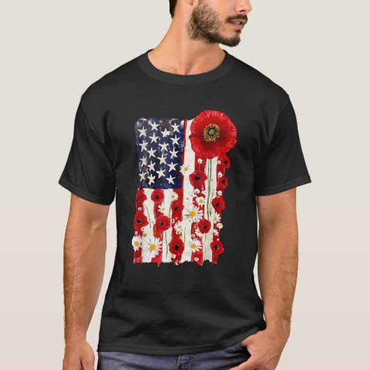 T-shirt Red Poppy Flower US Flag Patriotic Veterans Day Me (Devant)